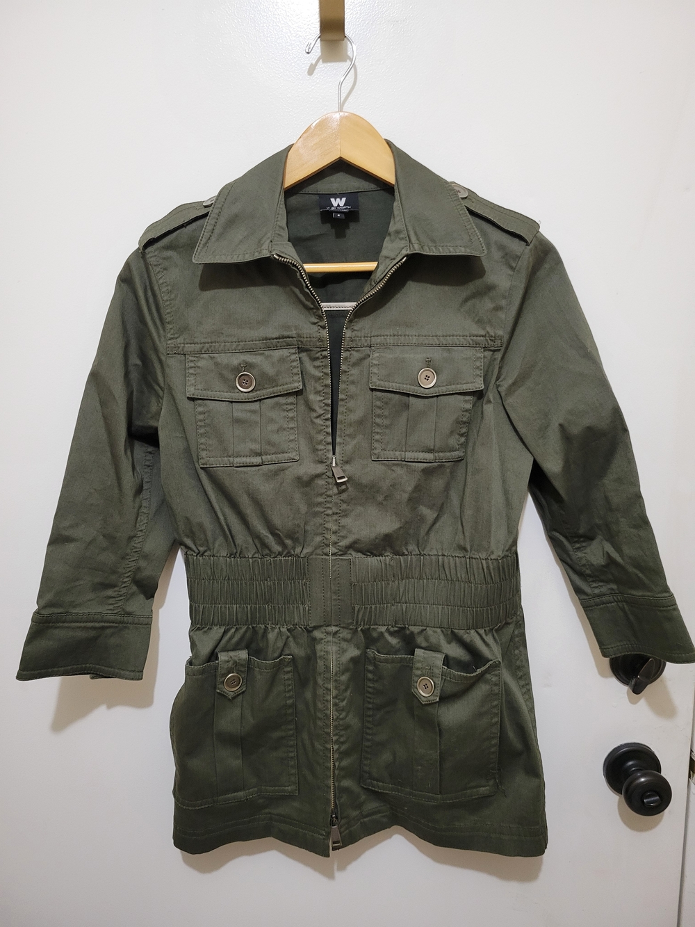 W by Worth Womens Olive Green Cinch-Waist Utility Jacket 3/4 Sleeves